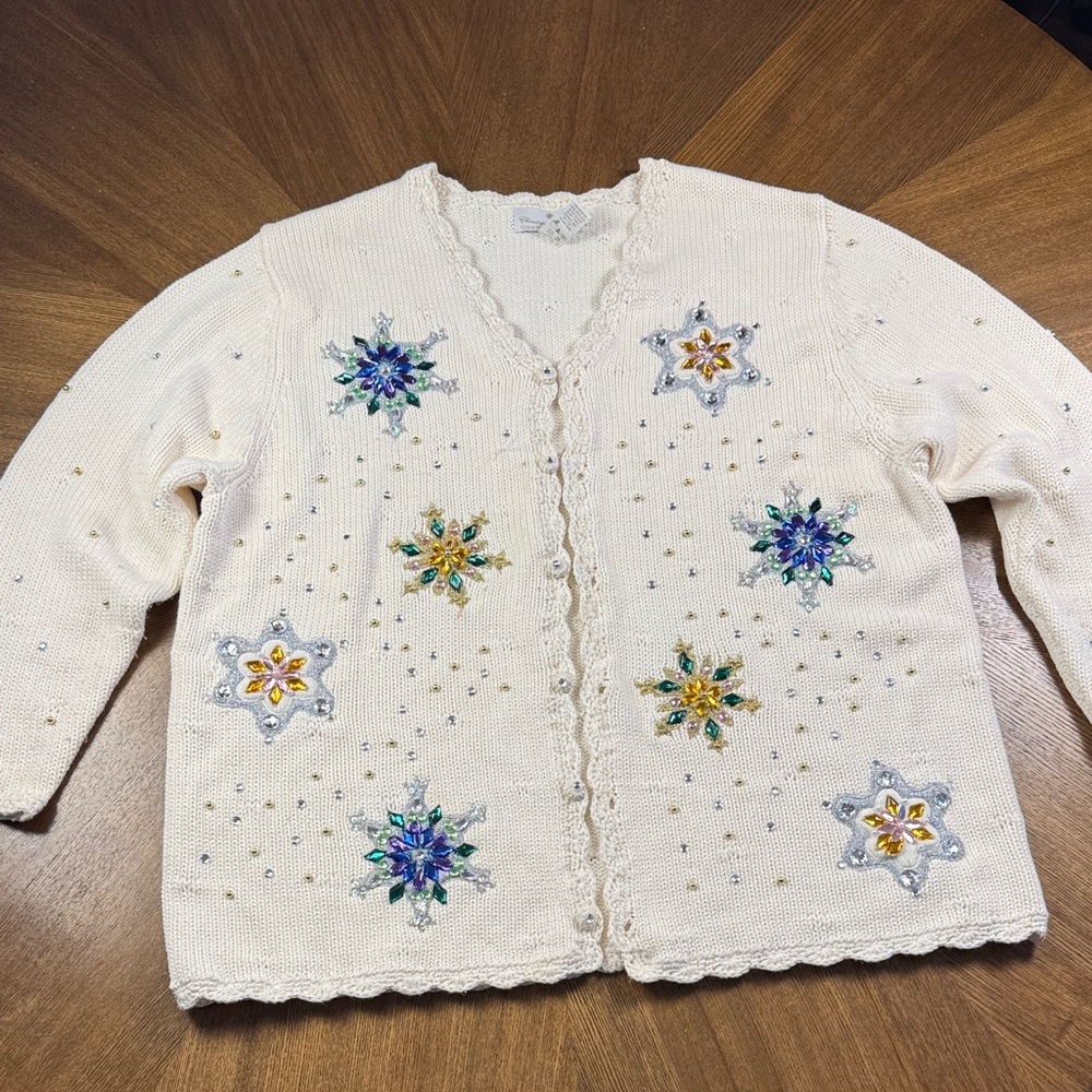 Christopher Radko Cream Cardigan with Snowflake Embellishments 1X XL